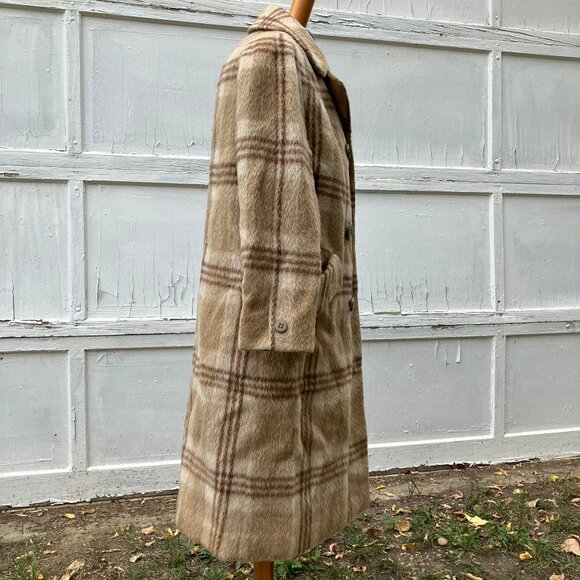 Lynn Pynn Pure Wool Long Winter Coat Vintage 60s Made in Canada Beige Plaid - Picture 6 of 16